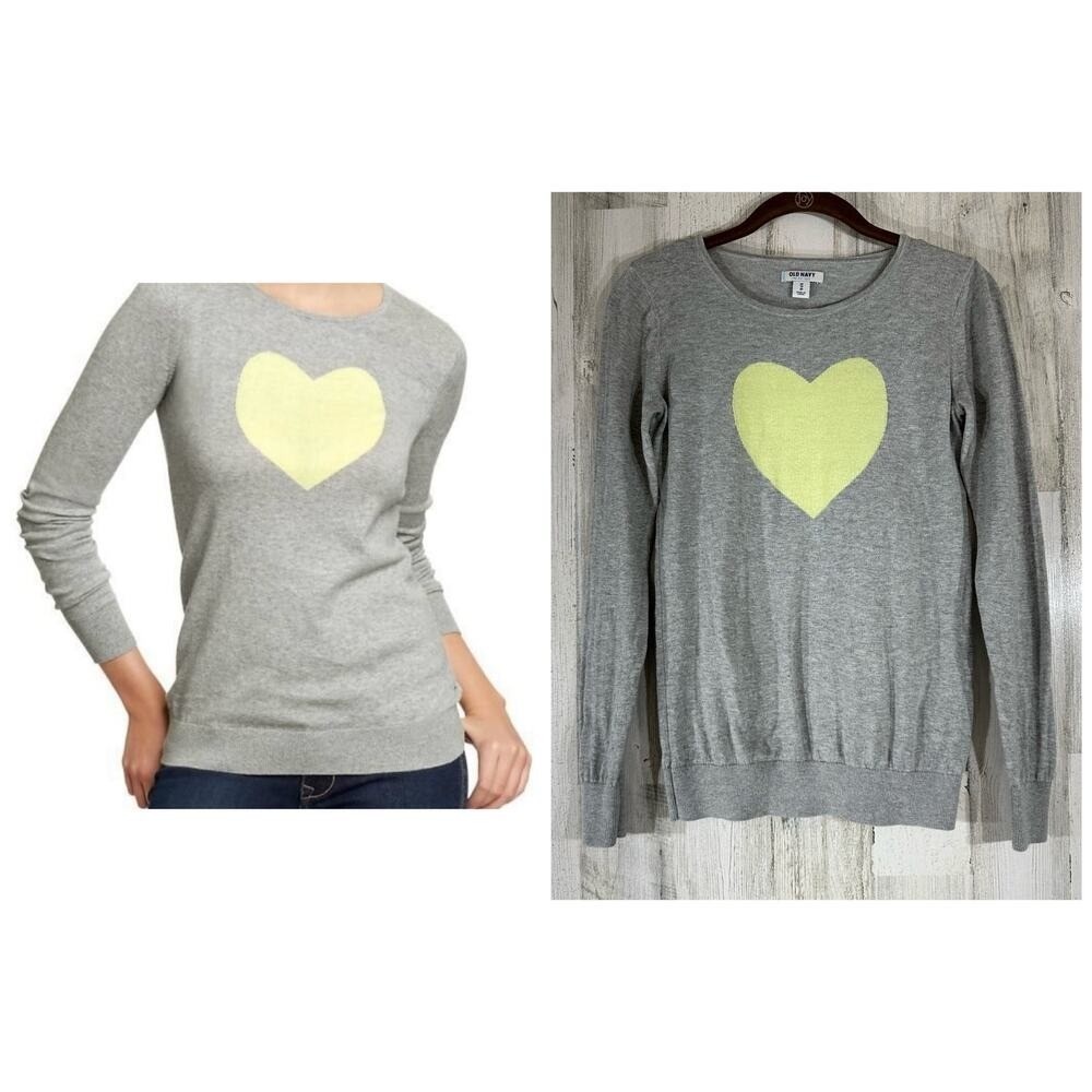 Old Navy Heart Intarsia Sweater XXS Gray Yellow Long Sleeve Cotton Pullover